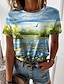 preiswerte T-shirts-Damen T Shirt Blau Bedruckt Landschaft 3D Casual Festtage Kurzarm Rundhalsausschnitt Basic Standard 3D Farbe S