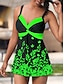cheap Tankini-Women&#039;s Swimwear Tankini 2 Piece Normal Swimsuit Color Block Leaf 2 Piece Open Back Printing Green White Black Yellow Fuchsia V Wire Padded Bathing Suits Stylish Casual New / Vacation / Spa / Strap