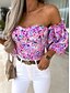 cheap Tops &amp; Blouses-Women&#039;s Blouse Shirt Green Purple Pink Patchwork Print Floral Casual Long Sleeve Off Shoulder Casual Regular Floral S