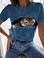 billige T-shirts-Dame T skjorte Katt 3D Avslappet Helg Blå Trykt mønster Kortermet Grunnleggende Rund hals Normal