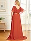 billige Dresses-a-line empire høst gjestekjole rød grønn kjole pluss størrelse formell kveldskjole v-hals kortermet gulvlengde chiffon med folder ruched 2024