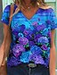 abordables Hauts les plus vendus-T shirt Tee Femme Casual Vacances Fin de semaine Floral 3D Manches Courtes Fleur 3D Peinture Col V Imprimer basique Violet Hauts Standard S / 3D effet