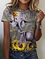 baratos Camiseta-Mulheres Camiseta Cinzento Imprimir Animal Spot de Luz Multi-Colorida Casual Final de semana Manga Curta Decote Redondo Básico Vintage Padrão Tema Flores 3D Pintura S