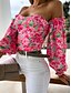 cheap Tops &amp; Blouses-Women&#039;s Blouse Shirt Green Purple Pink Patchwork Print Floral Casual Long Sleeve Off Shoulder Casual Regular Floral S