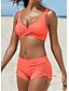 baratos Bikini-Biquíni feminino de 2 peças, maiô plus size, franzido, costas nuas, 2 peças, costas abertas, camuflagem fina, cor pura, laranja, acolchoado, fio v, trajes de banho, nova moda de férias