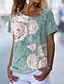 baratos T-shirts-Mulheres Casual Final de semana Camiseta Tema Flores Pintura Manga Curta Floral Decote V Imprimir Básico Blusas Verde Azul Roxo S / Impressão 3D