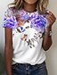 billige T-shirts-Dame Blomstret Avslappet Ferie Helg Blomster Tema Maling Kortermet T skjorte Rund hals Trykt mønster Grunnleggende Topper Blå Lilla Gul S / 3D-utskrift