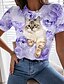 billige T-skjorte-Dame T skjorte Rosa Blå Lilla Trykt mønster Blomstret Katt Avslappet Ferie Kortermet Rund hals Grunnleggende Normal Blomster Tema 3D Cat Maling S