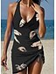 cheap Tankini-New Plus Size Halter Swim Dress Tankini Black Tree Print