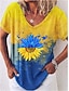 billige T-shirts-Dame Afslappet Daglig Ferie T-shirt Kortærmet Farvegradient Blomst V-hals Patchwork Trykt mønster Basale Toppe Gul S / 3D-udskrivning