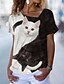 billige T-shirts-Dame Kat 3D Afslappet Weekend 3D kat Maleri Kortærmet T-shirt V-hals Trykt mønster Basale Toppe Brun S / 3D-udskrivning