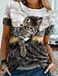 abordables Camiseta-Mujer Camiseta Negro Blanco Amarillo Estampado Graphic Gato Casual Diario Manga Corta Escote Redondo Vintage Estilo lindo Regular Gato 3D S