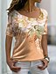billige T-shirts-Dame T skjorte Gul Rosa Blå Blomstret Trykt mønster Kortermet Avslappet Ferie Helg Grunnleggende V-hals Normal Blomster Tema Maling
