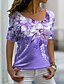 billige T-shirts-Dame T skjorte Gul Rosa Blå Blomstret Trykt mønster Kortermet Avslappet Ferie Helg Grunnleggende V-hals Normal Blomster Tema Maling