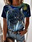 baratos Camiseta-Mulheres Camiseta Azul Marinha Imprimir Gato 3D Casual Final de semana Manga Curta Decote Redondo Básico Padrão Gato 3D Pintura S