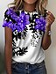 baratos T-shirts-Mulheres Camiseta Azul Roxo Rosa Imprimir Floral Casual Feriado Manga Curta Decote Redondo Básico Padrão Tema Flores Pintura S / Impressão 3D