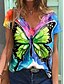 preiswerte T-Shirt-Damen Blumen Schmetterling Casual Wochenende Schmetterling Flamingo Farbe Kurzarm T Shirt V Ausschnitt Bedruckt Basic Oberteile Grün Schwarz Blau S / 3D-Druck