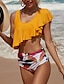 cheap Bikini-Women&#039;s Swimwear Bikini 2 Piece Plus Size Swimsuit Graphic Ruffle Open Back Printing High Waisted Black Yellow Burgundy V Wire Bathing Suits Vacation Fashion New / Sexy / Modern / Padded Bras