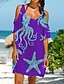 cheap Cover-Ups-Women&#039;s Swimwear Cover Up Beach Dress Plus Size Swimsuit Mermaid Letter Printing for Big Busts Hole Light Blue White Blue Purple Ocean Blue Scoop Neck Bathing Suits Vacation Fashion New / Modern
