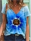 baratos T-shirts-Mulheres Camiseta Cores Gradiente Flor Casual Diário Feriado Manga Curta Camiseta Decote V Patchwork Imprimir Básico Azul S / Impressão 3D