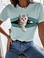 billige T-shirts-Dame T-shirt Kat 3D Afslappet Weekend 3D kat Maleri Kortærmet T-shirt Rund hals Trykt mønster Basale Grøn Hvid Blå S / 3D-udskrivning