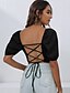 cheap Tops &amp; Blouses-Women&#039;s Crop Top Blouse Shirt Khaki Black Lace up Backless Plain Holiday Weekend Short Sleeve Square Neck Streetwear Casual Cotton Crop S