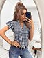 cheap Tops &amp; Blouses-Women&#039;s Blouse Plaid Daily Weekend Short Sleeve Blouse Shirt V Neck Ruffle Button Casual Streetwear Black S
