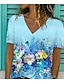 preiswerte T-shirts-Damen Blumen Blume Täglich Wochenende Blume Abstrakt Farbe Kurzarm T Shirt V Ausschnitt Bedruckt Basic Oberteile Blau S / 3D-Druck