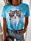 abordables T-shirts-T shirt Tee Femme Casual Fin de semaine Chat 3D T shirt Tee Chat 3D Peinture Imprimer Manches Courtes basique Col Rond Vert Bleu Violet Standard S / 3D effet