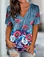 preiswerte T-shirts-Damen T Shirt Blau Bedruckt Blumen Casual Festtage Kurzarm V Ausschnitt Basic Standard Blume Farbe S / 3D-Druck