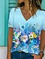 baratos T-shirts-Mulheres Floral Flor Diário Final de semana Tema Flores Abstrato Pintura Manga Curta Camiseta Decote V Imprimir Básico Blusas Azul S / Impressão 3D