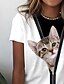 baratos T-shirts-Mulheres Camiseta Gato 3D Imprimir Casual Final de semana Básico Manga Curta Decote Redondo Branco