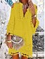 cheap Boho Dresses-Women&#039;s Shift Dress Short Mini Dress Blue Yellow Blushing Pink White Beige 3/4 Length Sleeve Solid Color Tassel Fringe Lace Cold Shoulder Spring Summer V Neck Hot Casual Boho Holiday Beach vacation