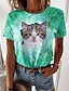 billige T-shirts-Dame T-shirt Kat 3D Afslappet Weekend 3D kat Maleri Kortærmet T-shirt Rund hals Trykt mønster Basale Grøn Blå Lilla S / 3D-udskrivning
