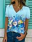 preiswerte T-shirts-Damen Blumen Blume Täglich Wochenende Blume Abstrakt Farbe Kurzarm T Shirt V Ausschnitt Bedruckt Basic Oberteile Blau S / 3D-Druck