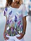 billige T-shirts-Dame T-shirt Blomstret Afslappet Weekend Blomster Tema Maleri Kortærmet T-shirt V-hals Trykt mønster Basale Lilla S / 3D-udskrivning