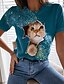 baratos T-shirts-Mulheres Camiseta Preto Azul Imprimir Gato 3D Casual Final de semana Manga Curta Decote Redondo Básico Padrão Gato 3D Pintura S