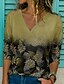 billige T-shirts-Dame T-shirt Grøn Blå Lilla Trykt mønster Blomstret Afslappet Ferie Langærmet V-hals Basale Normal Blomster Tema Maleri S / 3D-udskrivning