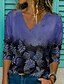 baratos T-shirts-Mulheres Camiseta Verde Azul Roxo Imprimir Floral Casual Feriado Manga Longa Decote V Básico Padrão Tema Flores Pintura S / Impressão 3D