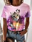 baratos T-shirts-Mulheres Camiseta Rosa Imprimir Gato 3D Casual Final de semana Manga Curta Decote Redondo Básico Padrão Gato 3D Pintura S
