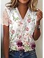 billige T-shirts-Dame T skjorte Hvit Blomstret Blonde Trykt mønster Kortermet Avslappet Ferie Helg Grunnleggende V-hals Normal Blomster Tema Maling
