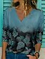 baratos T-shirts-Mulheres Camiseta Verde Azul Roxo Imprimir Floral Casual Feriado Manga Longa Decote V Básico Padrão Tema Flores Pintura S / Impressão 3D