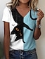 preiswerte T-shirts-Damen T Shirt Rosa Blau Purpur Bedruckt Farbblock Katze Casual Wochenende Kurzarm V Ausschnitt Basic Standard Katze Farbe S