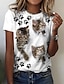 billige T-skjorte-Dame T skjorte Katt Trykt mønster Avslappet Helg Grunnleggende Kortermet Rund hals Hvit