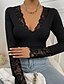 abordables Tops &amp; Blouses-Mujer Camisa Blusa Negro Encaje Retazos Plano Casual Manga Larga Escote en Pico Básico Regular S