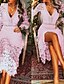 baratos Dresses-Mulheres Vestido maxi longo Vestido Swing Azul Amarelo Rosa Branco Manga Longa Bordado Vazado Renda Côr Sólida Decote em V Profundo Outono Primavera Festa Feriado Elegante 2021 S M L XL XXL