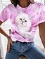 baratos T-shirts-Mulheres Camiseta Rosa Azul Verde Imprimir Gato 3D Casual Final de semana Manga Curta Decote Redondo Básico Padrão Gato 3D Pintura S