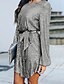 cheap Casual Dresses-Women&#039;s Party Dress Sequin Dress Shift Dress Mini Dress Silver Pure Color Long Sleeve Winter Fall Spring Lace up Fashion Crew Neck Loose Fit Party Winter Dress Office 2023 S M L XL