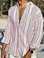 baratos Casual Shirts-Homens camisa de botão Camisa casual camisa de verão camisa de praia Rosa Azul Verde Escuro Listrado Manga Longa Primavera Verão Aberto para a Lateral Ao ar livre Feriado Roupa Imprimir