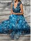 abordables Vestidos casuales-Mujer vestido largo vestido largo Vestido de Fiesta vestido de regreso a casa Vestido Invitada Boda Azul Piscina Estampado Sin Mangas Verano Plisado Fiesta Escote en V Profunda Invitado a la boda